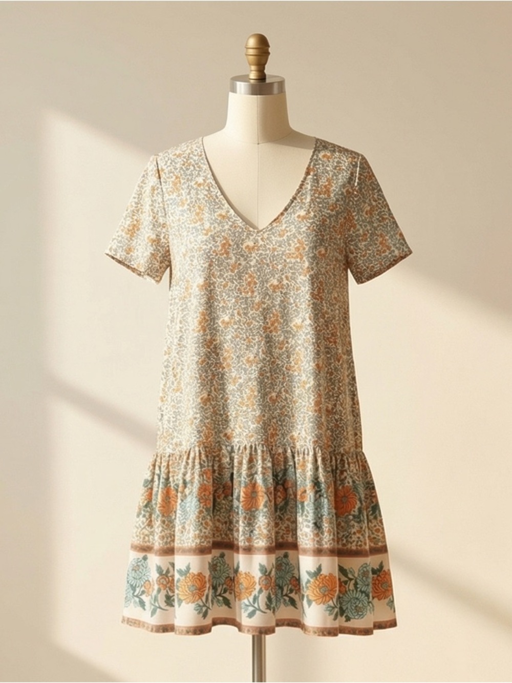 Floral Boho Mini Dress Size L V-Neck Short Sleeve Ruffle Border Print